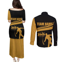 Bowling Player Silhouette Couples Matching Puletasi and Long Sleeve Button Shirt with Gold Strike Motion and Custom Team Name Design - Wonder Print Shop