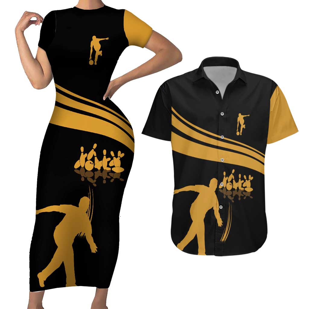 Bowling Player Silhouette Couples Matching Short Sleeve Bodycon Dress and Hawaiian Shirt with Gold Strike Motion and Custom Team Name Design - Wonder Print Shop