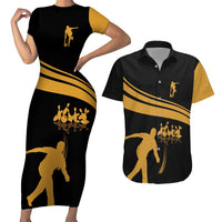 Bowling Player Silhouette Couples Matching Short Sleeve Bodycon Dress and Hawaiian Shirt with Gold Strike Motion and Custom Team Name Design - Wonder Print Shop