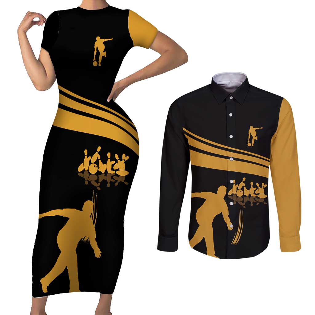 Bowling Player Silhouette Couples Matching Short Sleeve Bodycon Dress and Long Sleeve Button Shirt with Gold Strike Motion and Custom Team Name Design - Wonder Print Shop