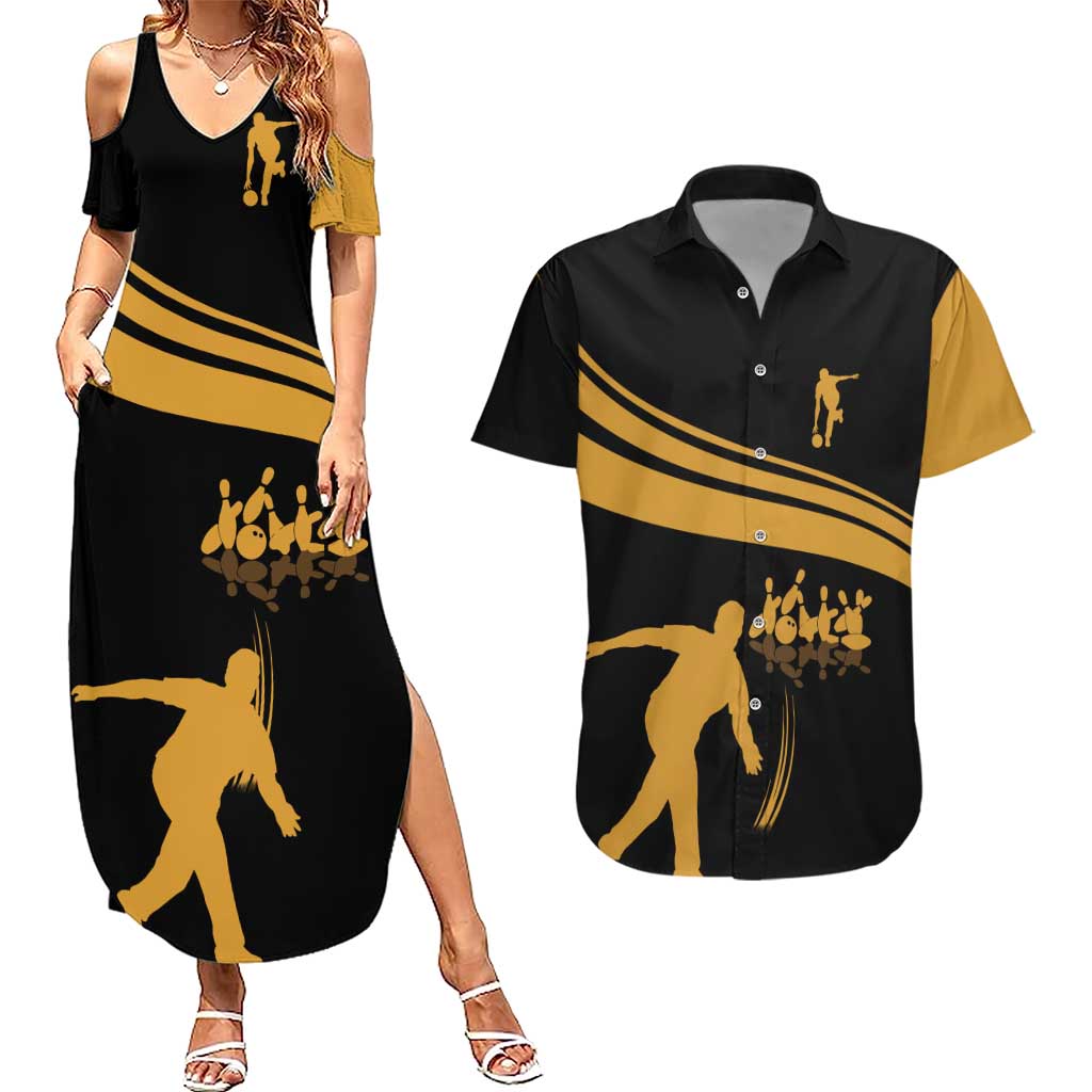 Bowling Player Silhouette Couples Matching Summer Maxi Dress and Hawaiian Shirt with Gold Strike Motion and Custom Team Name Design - Wonder Print Shop