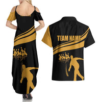 Bowling Player Silhouette Couples Matching Summer Maxi Dress and Hawaiian Shirt with Gold Strike Motion and Custom Team Name Design - Wonder Print Shop