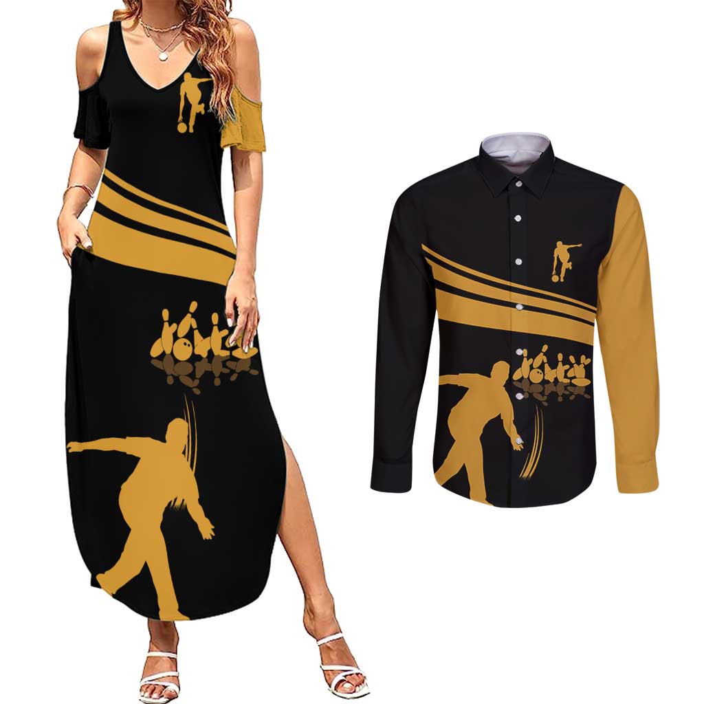 Bowling Player Silhouette Couples Matching Summer Maxi Dress and Long Sleeve Button Shirt with Gold Strike Motion and Custom Team Name Design - Wonder Print Shop