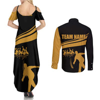 Bowling Player Silhouette Couples Matching Summer Maxi Dress and Long Sleeve Button Shirt with Gold Strike Motion and Custom Team Name Design - Wonder Print Shop