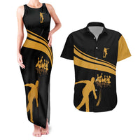 Bowling Player Silhouette Couples Matching Tank Maxi Dress and Hawaiian Shirt with Gold Strike Motion and Custom Team Name Design - Wonder Print Shop