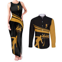Bowling Player Silhouette Couples Matching Tank Maxi Dress and Long Sleeve Button Shirt with Gold Strike Motion and Custom Team Name Design - Wonder Print Shop