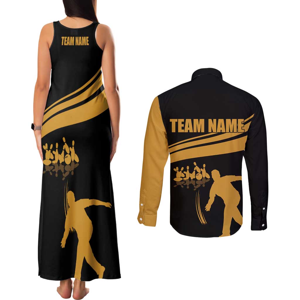 Bowling Player Silhouette Couples Matching Tank Maxi Dress and Long Sleeve Button Shirt with Gold Strike Motion and Custom Team Name Design - Wonder Print Shop