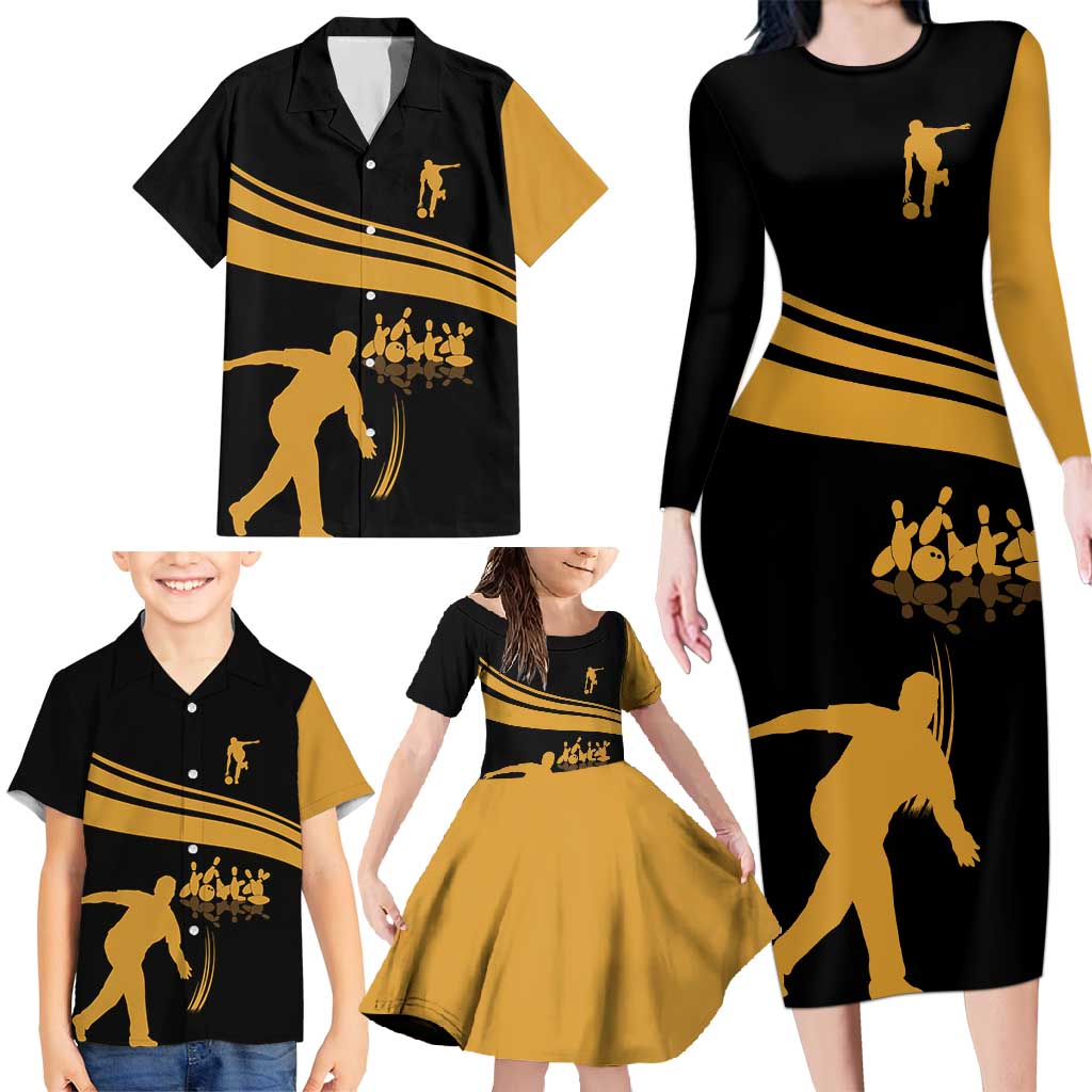 Bowling Player Silhouette Family Matching Long Sleeve Bodycon Dress and Hawaiian Shirt with Gold Strike Motion and Custom Team Name Design - Wonder Print Shop