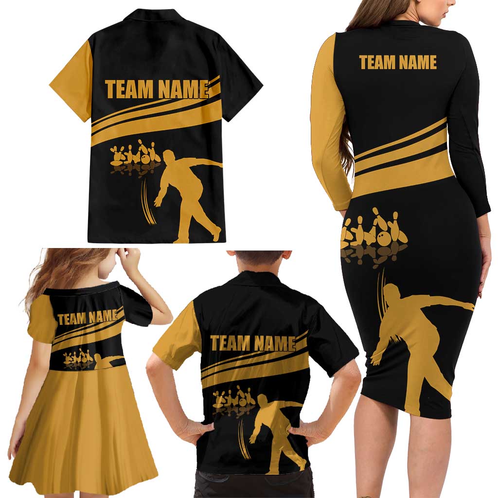 Bowling Player Silhouette Family Matching Long Sleeve Bodycon Dress and Hawaiian Shirt with Gold Strike Motion and Custom Team Name Design - Wonder Print Shop