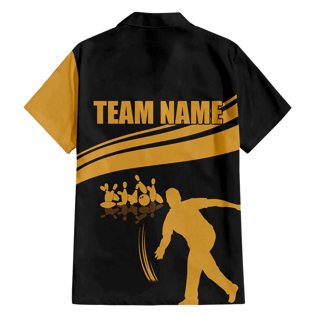 Bowling Player Silhouette Family Matching Long Sleeve Bodycon Dress and Hawaiian Shirt with Gold Strike Motion and Custom Team Name Design - Wonder Print Shop