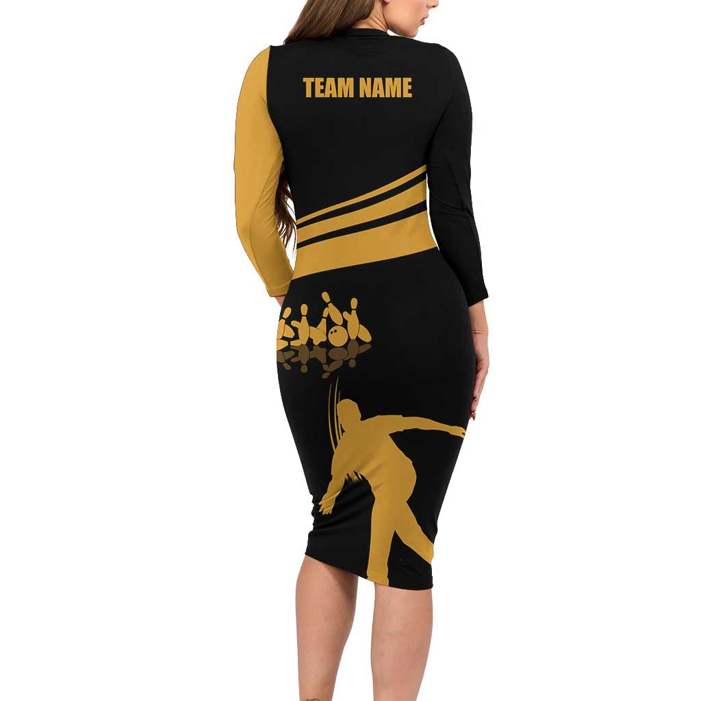 Bowling Player Silhouette Family Matching Long Sleeve Bodycon Dress and Hawaiian Shirt with Gold Strike Motion and Custom Team Name Design - Wonder Print Shop