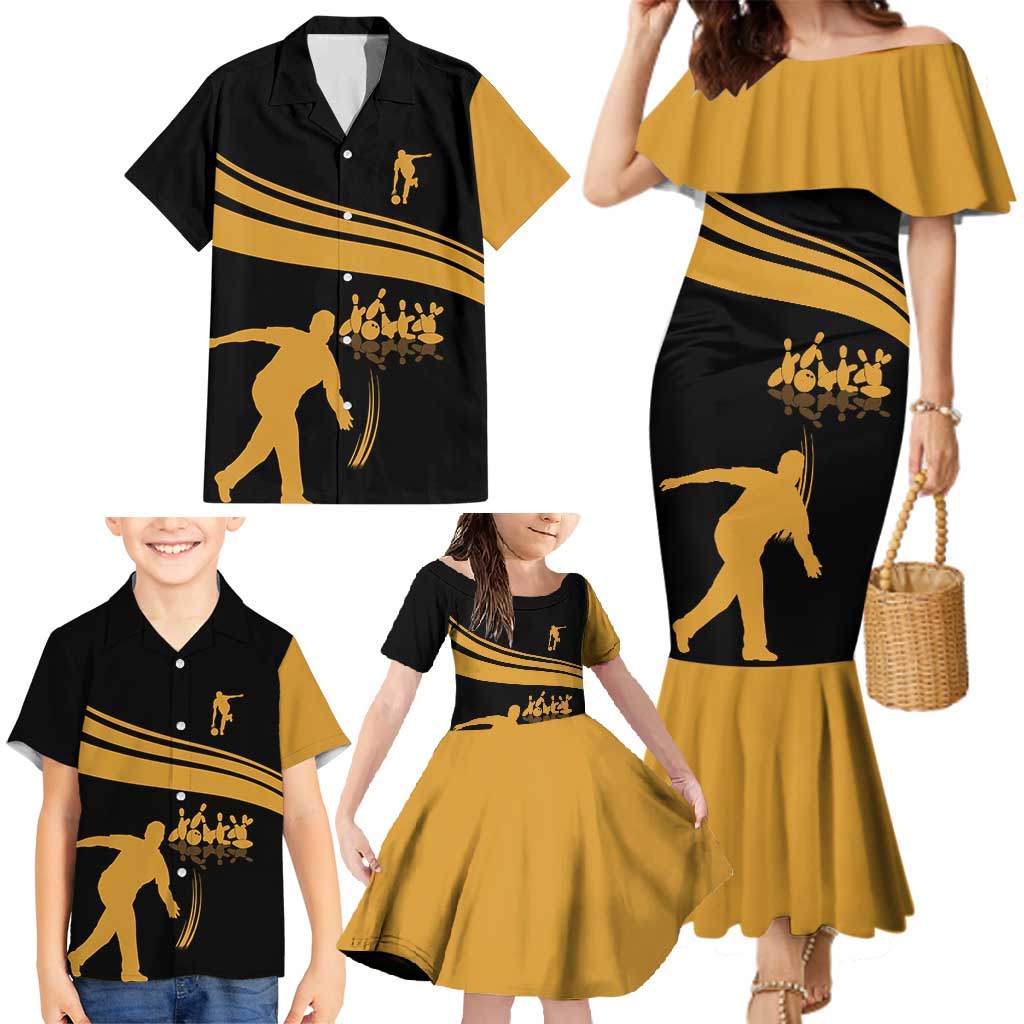 Bowling Player Silhouette Family Matching Mermaid Dress and Hawaiian Shirt with Gold Strike Motion and Custom Team Name Design - Wonder Print Shop