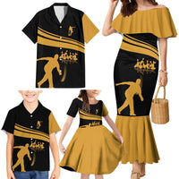 Bowling Player Silhouette Family Matching Mermaid Dress and Hawaiian Shirt with Gold Strike Motion and Custom Team Name Design - Wonder Print Shop