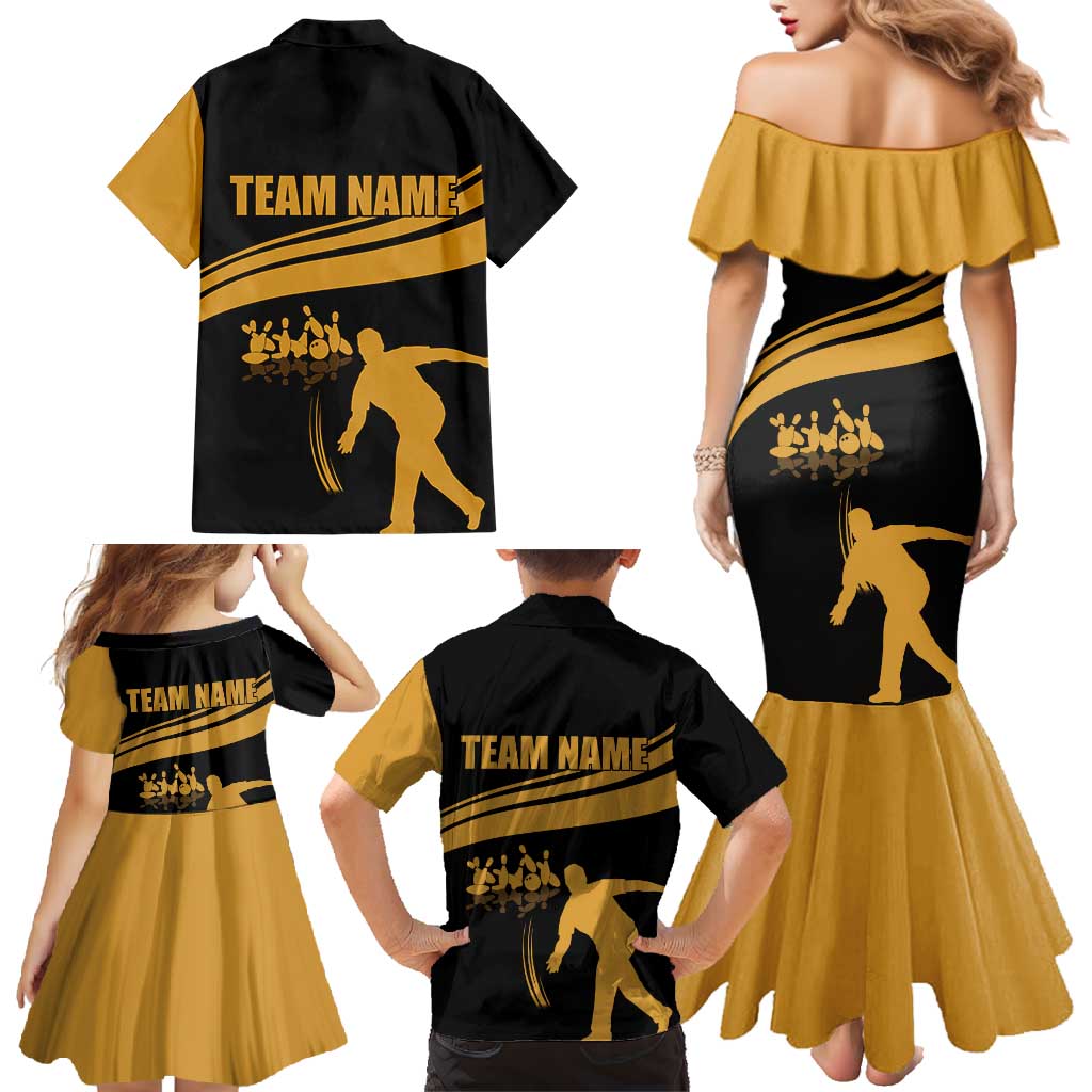 Bowling Player Silhouette Family Matching Mermaid Dress and Hawaiian Shirt with Gold Strike Motion and Custom Team Name Design - Wonder Print Shop