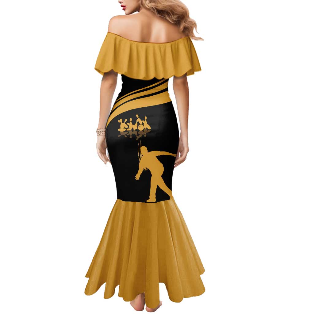 Bowling Player Silhouette Family Matching Mermaid Dress and Hawaiian Shirt with Gold Strike Motion and Custom Team Name Design - Wonder Print Shop