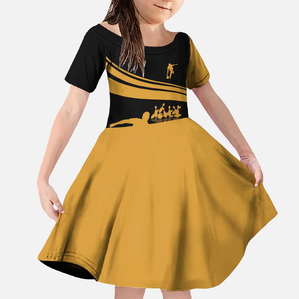 Bowling Player Silhouette Family Matching Off The Shoulder Long Sleeve Dress and Hawaiian Shirt with Gold Strike Motion and Custom Team Name Design - Wonder Print Shop