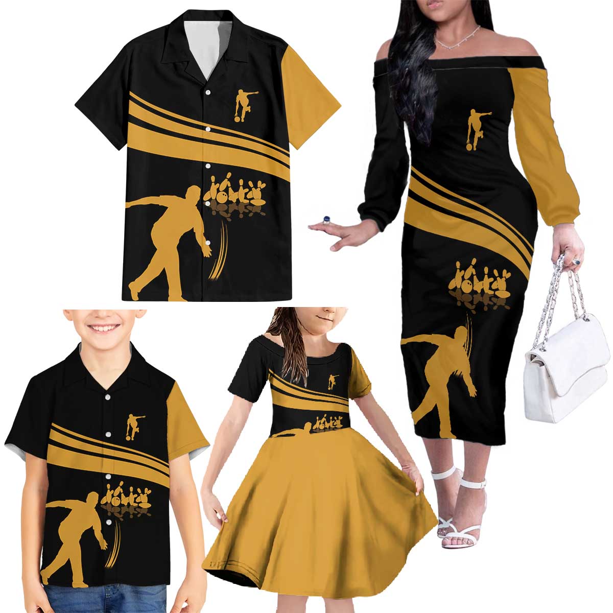 Bowling Player Silhouette Family Matching Off The Shoulder Long Sleeve Dress and Hawaiian Shirt with Gold Strike Motion and Custom Team Name Design - Wonder Print Shop