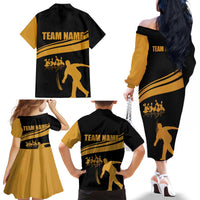 Bowling Player Silhouette Family Matching Off The Shoulder Long Sleeve Dress and Hawaiian Shirt with Gold Strike Motion and Custom Team Name Design - Wonder Print Shop