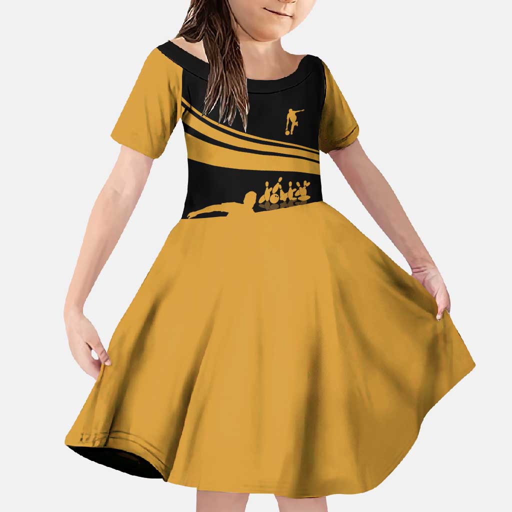 Bowling Player Silhouette Family Matching Off Shoulder Maxi Dress and Hawaiian Shirt with Gold Strike Motion and Custom Team Name Design - Wonder Print Shop