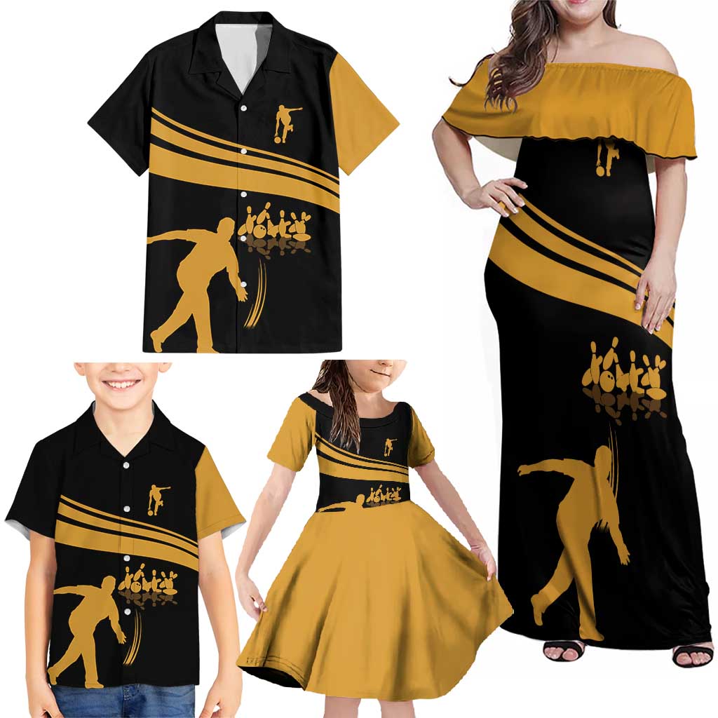 Bowling Player Silhouette Family Matching Off Shoulder Maxi Dress and Hawaiian Shirt with Gold Strike Motion and Custom Team Name Design - Wonder Print Shop