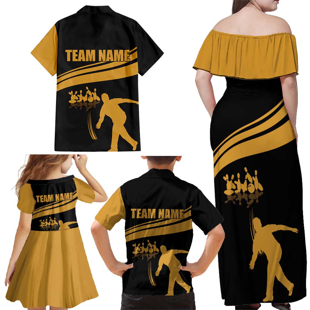 Bowling Player Silhouette Family Matching Off Shoulder Maxi Dress and Hawaiian Shirt with Gold Strike Motion and Custom Team Name Design - Wonder Print Shop
