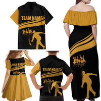 Bowling Player Silhouette Family Matching Off Shoulder Maxi Dress and Hawaiian Shirt with Gold Strike Motion and Custom Team Name Design - Wonder Print Shop