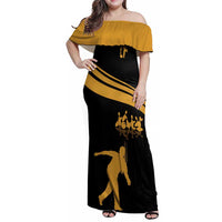 Bowling Player Silhouette Family Matching Off Shoulder Maxi Dress and Hawaiian Shirt with Gold Strike Motion and Custom Team Name Design - Wonder Print Shop