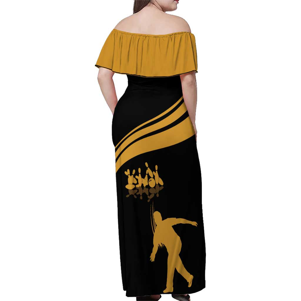 Bowling Player Silhouette Family Matching Off Shoulder Maxi Dress and Hawaiian Shirt with Gold Strike Motion and Custom Team Name Design - Wonder Print Shop