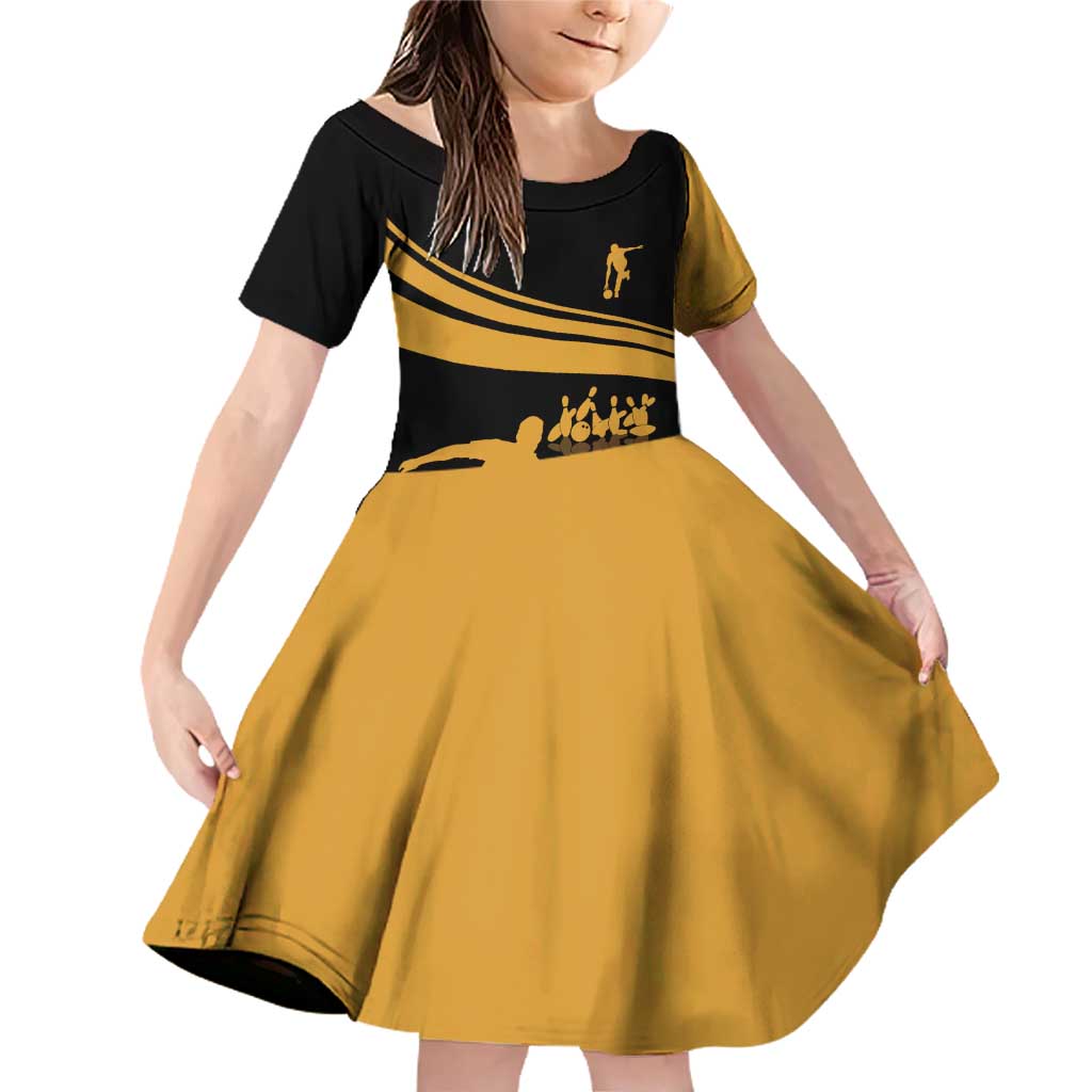 Bowling Player Silhouette Family Matching Off Shoulder Short Dress and Hawaiian Shirt with Gold Strike Motion and Custom Team Name Design - Wonder Print Shop