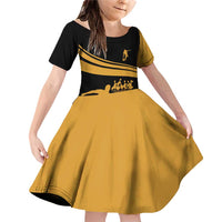 Bowling Player Silhouette Family Matching Off Shoulder Short Dress and Hawaiian Shirt with Gold Strike Motion and Custom Team Name Design - Wonder Print Shop