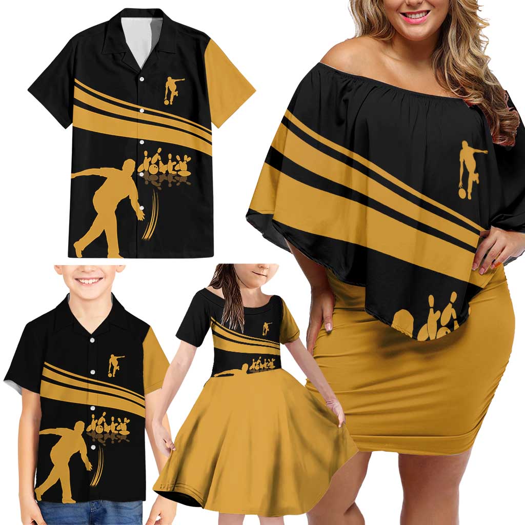 Bowling Player Silhouette Family Matching Off Shoulder Short Dress and Hawaiian Shirt with Gold Strike Motion and Custom Team Name Design - Wonder Print Shop