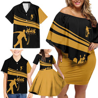 Bowling Player Silhouette Family Matching Off Shoulder Short Dress and Hawaiian Shirt with Gold Strike Motion and Custom Team Name Design - Wonder Print Shop