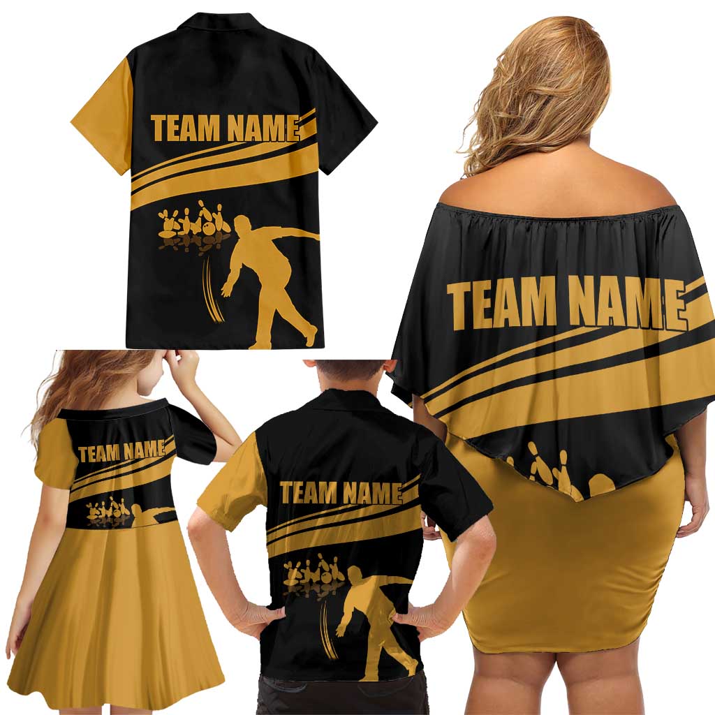 Bowling Player Silhouette Family Matching Off Shoulder Short Dress and Hawaiian Shirt with Gold Strike Motion and Custom Team Name Design - Wonder Print Shop