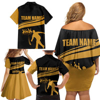 Bowling Player Silhouette Family Matching Off Shoulder Short Dress and Hawaiian Shirt with Gold Strike Motion and Custom Team Name Design - Wonder Print Shop