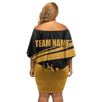 Bowling Player Silhouette Family Matching Off Shoulder Short Dress and Hawaiian Shirt with Gold Strike Motion and Custom Team Name Design - Wonder Print Shop