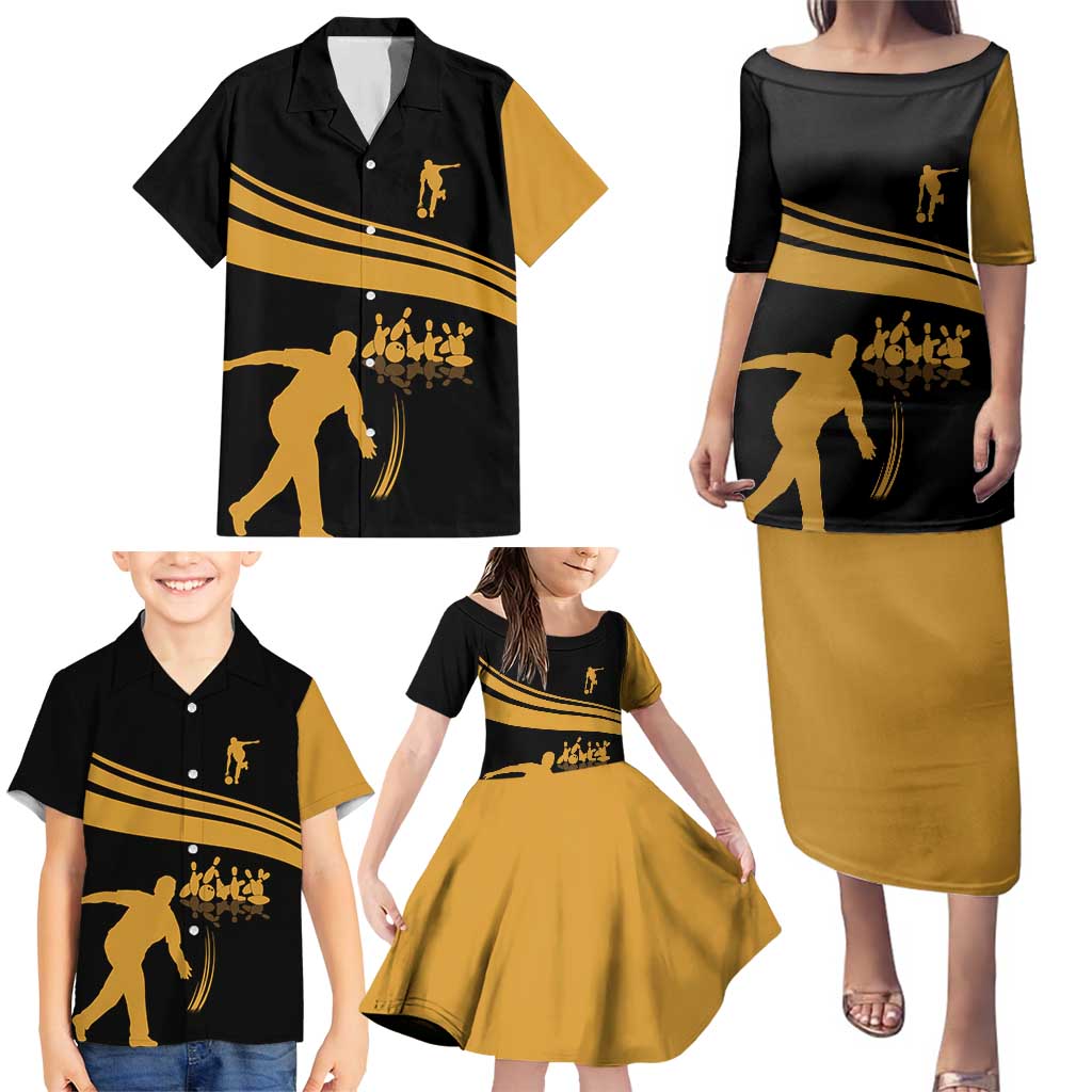 Bowling Player Silhouette Family Matching Puletasi and Hawaiian Shirt with Gold Strike Motion and Custom Team Name Design - Wonder Print Shop
