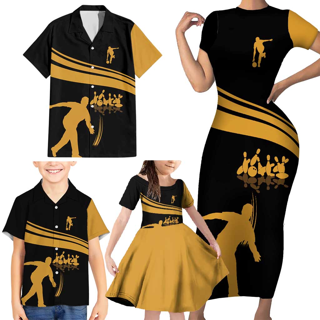 Bowling Player Silhouette Family Matching Short Sleeve Bodycon Dress and Hawaiian Shirt with Gold Strike Motion and Custom Team Name Design - Wonder Print Shop