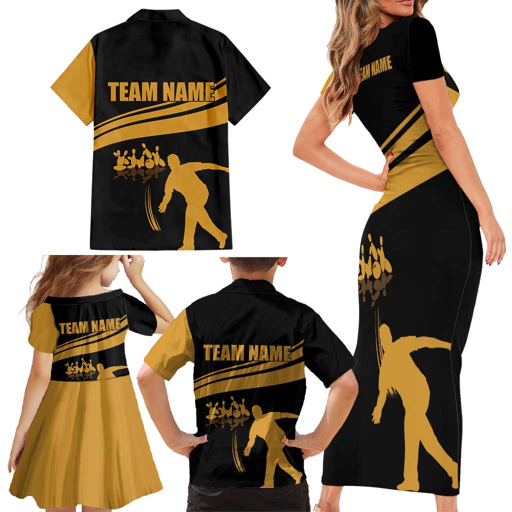 Bowling Player Silhouette Family Matching Short Sleeve Bodycon Dress and Hawaiian Shirt with Gold Strike Motion and Custom Team Name Design - Wonder Print Shop