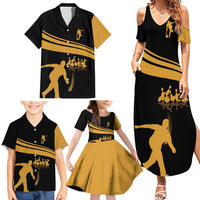 Bowling Player Silhouette Family Matching Summer Maxi Dress and Hawaiian Shirt with Gold Strike Motion and Custom Team Name Design - Wonder Print Shop