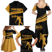 Bowling Player Silhouette Family Matching Summer Maxi Dress and Hawaiian Shirt with Gold Strike Motion and Custom Team Name Design - Wonder Print Shop
