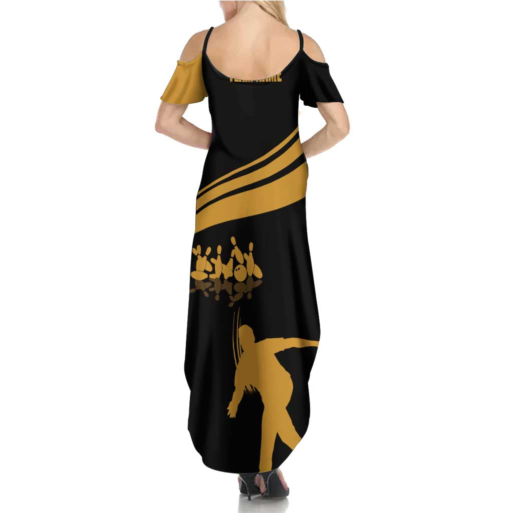 Bowling Player Silhouette Family Matching Summer Maxi Dress and Hawaiian Shirt with Gold Strike Motion and Custom Team Name Design - Wonder Print Shop