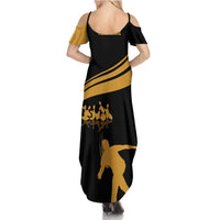 Bowling Player Silhouette Family Matching Summer Maxi Dress and Hawaiian Shirt with Gold Strike Motion and Custom Team Name Design - Wonder Print Shop