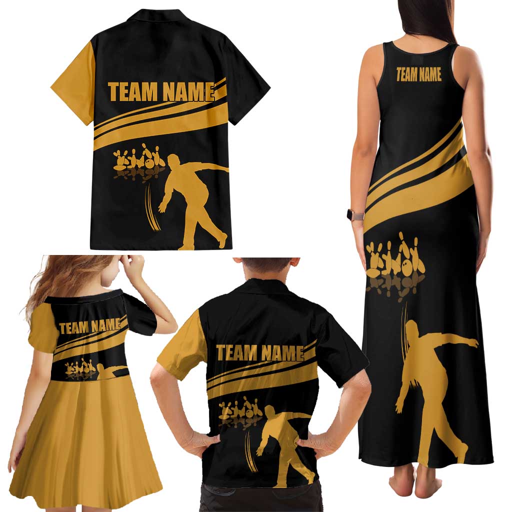 Bowling Player Silhouette Family Matching Tank Maxi Dress and Hawaiian Shirt with Gold Strike Motion and Custom Team Name Design - Wonder Print Shop