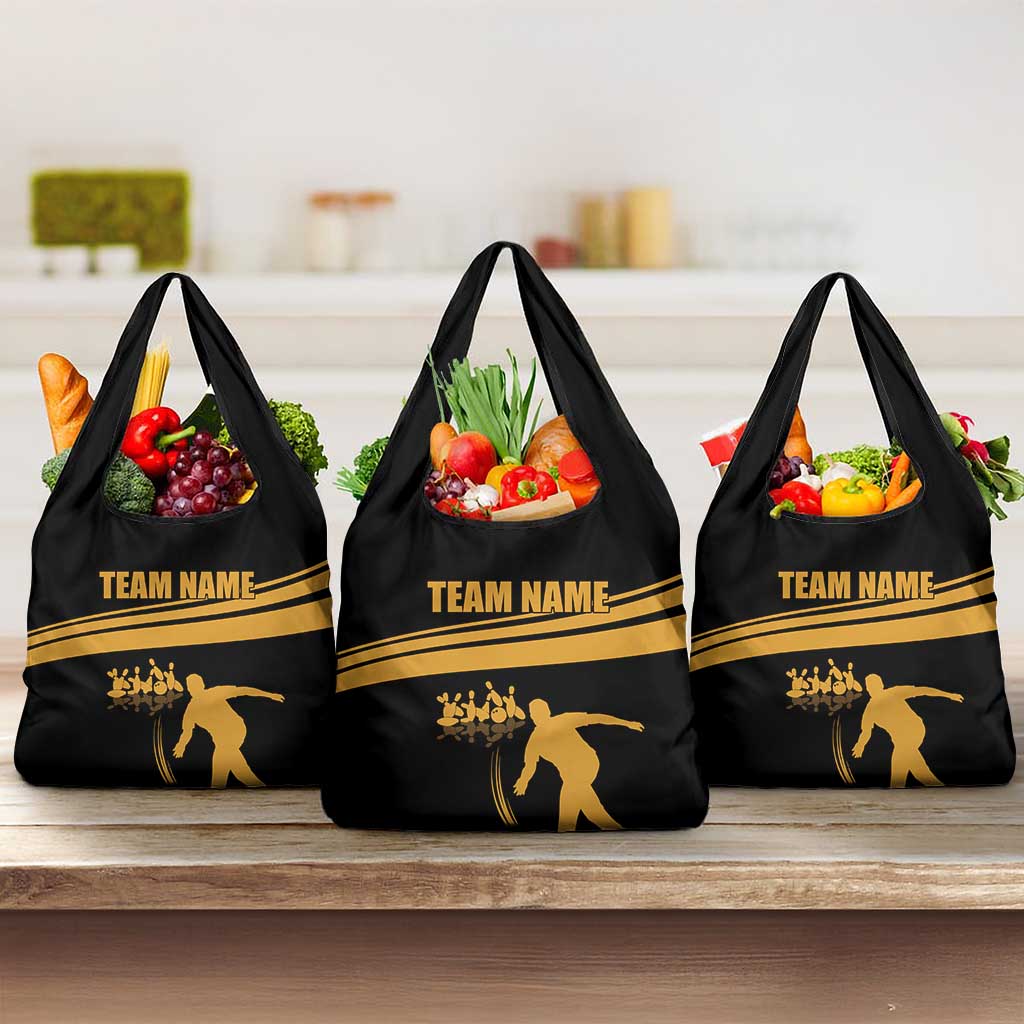 Bowling Player Silhouette Grocery Bag with Gold Strike Motion and Custom Team Name Design - Wonder Print Shop