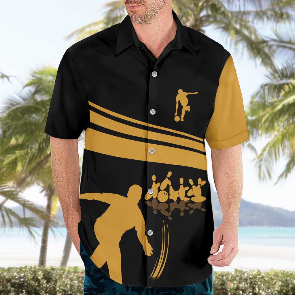 Bowling Player Silhouette Hawaiian Shirt with Gold Strike Motion and Custom Team Name Design - Wonder Print Shop