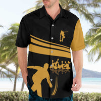 Bowling Player Silhouette Hawaiian Shirt with Gold Strike Motion and Custom Team Name Design - Wonder Print Shop