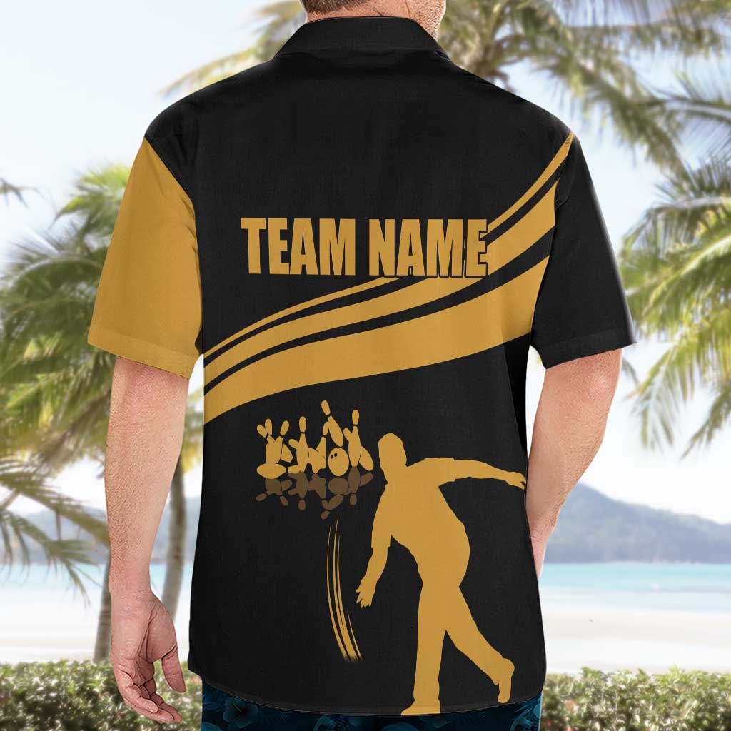 Bowling Player Silhouette Hawaiian Shirt with Gold Strike Motion and Custom Team Name Design - Wonder Print Shop
