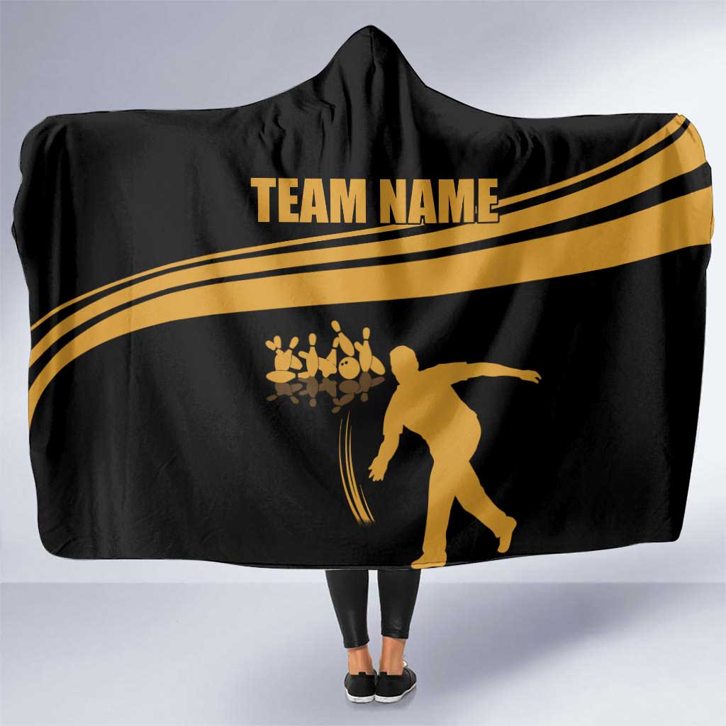 Bowling Player Silhouette Hooded Blanket with Gold Strike Motion and Custom Team Name Design - Wonder Print Shop
