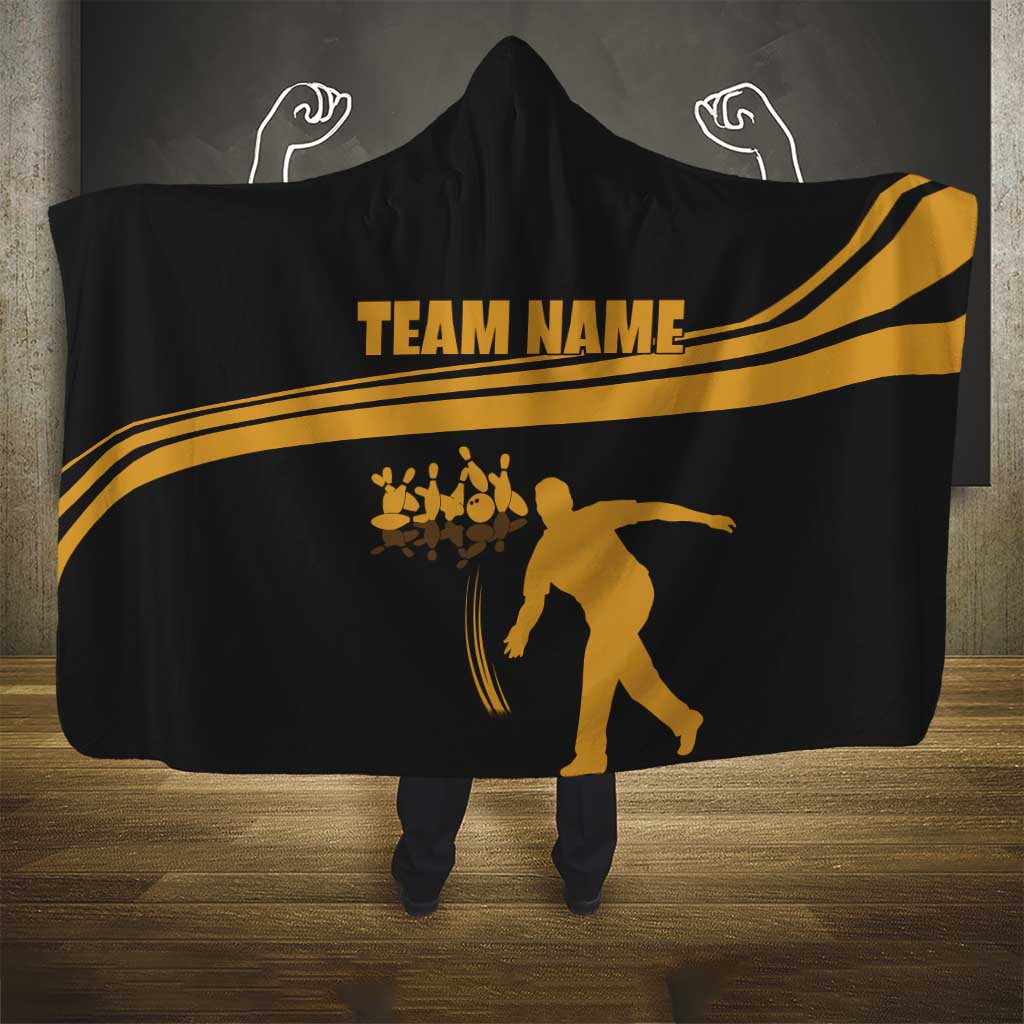 Bowling Player Silhouette Hooded Blanket with Gold Strike Motion and Custom Team Name Design - Wonder Print Shop