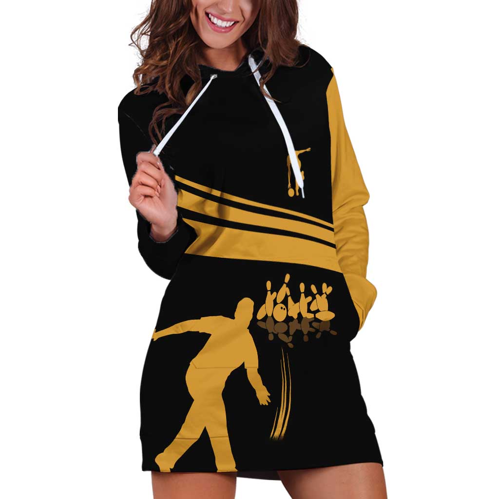 Bowling Player Silhouette Hoodie Dress with Gold Strike Motion and Custom Team Name Design - Wonder Print Shop